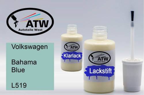 Volkswagen, Bahama Blue, L519: 20ml Lackstift + 20ml Klarlack - Set, von ATW Autoteile West.